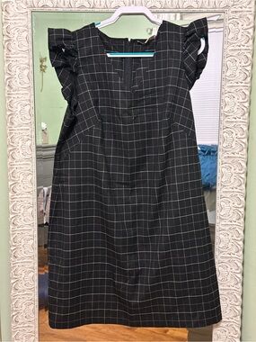 Loft Black Windowpane Ruffle Sleeve Dress | Size 18